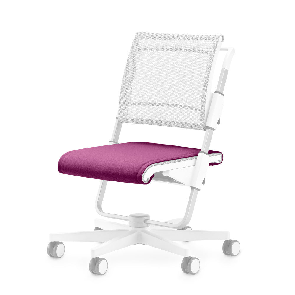 MOLL scooter chair with purple seat cushion, white frame, and mesh backrest on a five-wheel base