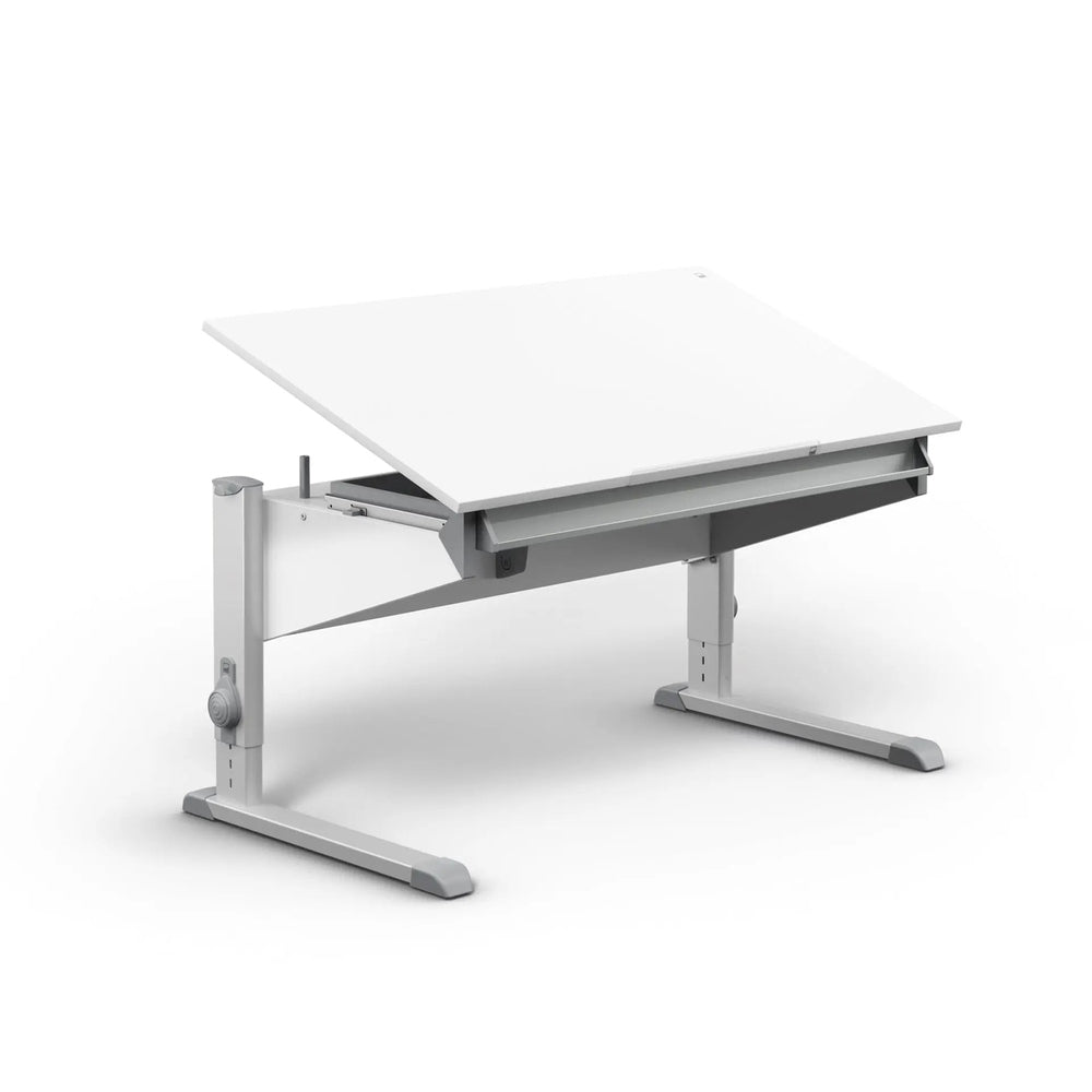 Moll Sprinter Height-Adjustable Desk with white tabletop and gray frame, top tilted to show height adjust mechanism.