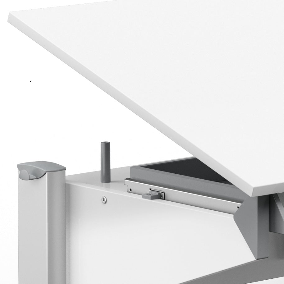 MOLL Sprinter height-adjustable desk with white top raised to show sturdy metal lift mechanism in action.