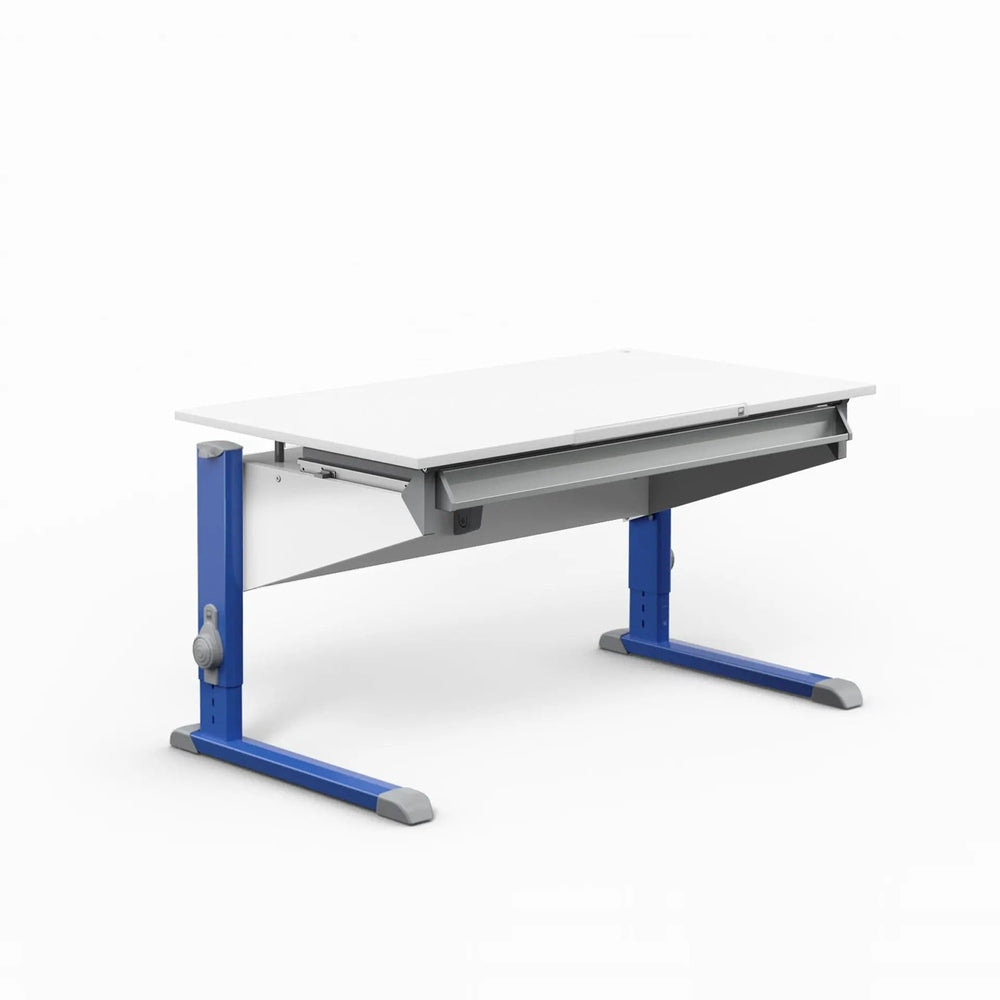 Moll Sprinter height-adjustable desk with white tabletop and blue steel legs; crank for manual height adjustment.