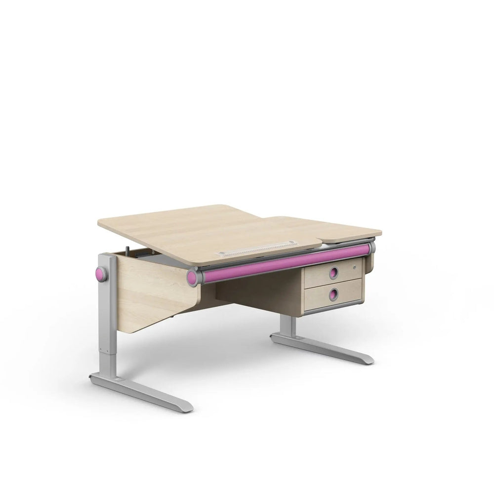 Moll Winner Classic Desk, light wood with pink accents, adjustable-height surface with lift mechanism and two drawers.