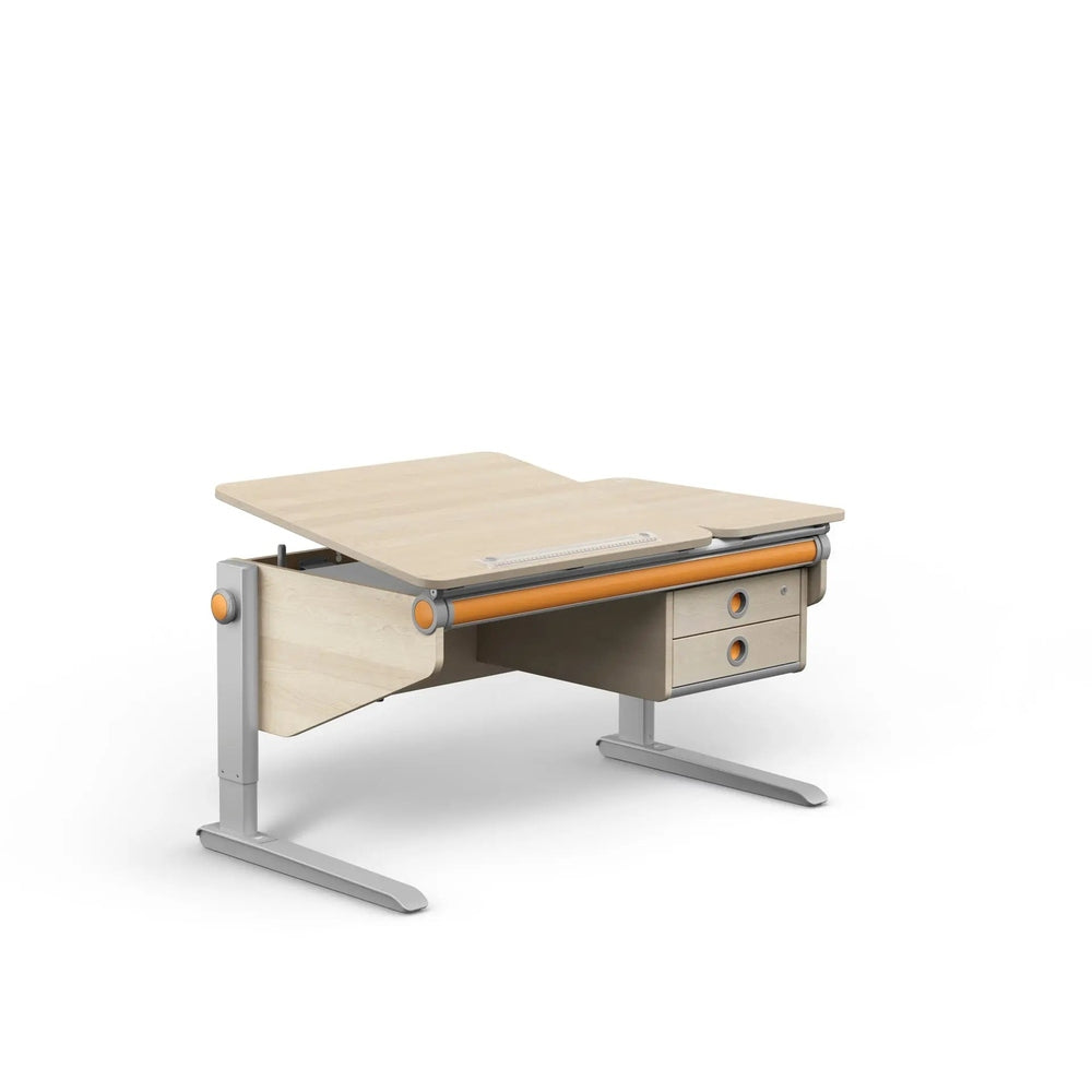 MOLL Winner Comfort Desk in light wood with gray frame and orange accents, showing the height-adjustable top raised and a 2-drawer unit
