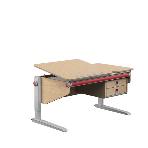 Moll Winner Twin Box desk with light oak tabletop, metal frame, and two drawers