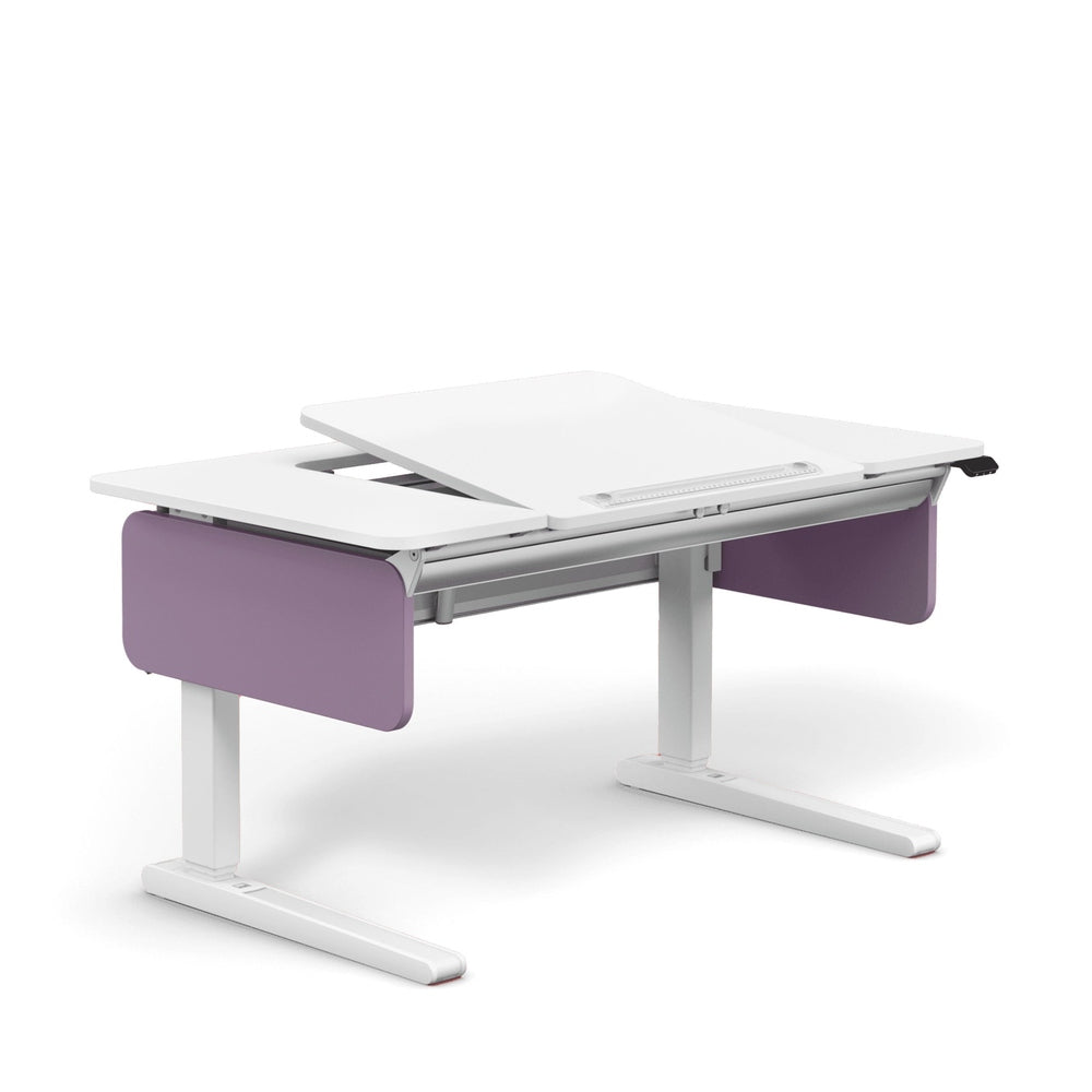 MOLL e-Champion height-adjustable desk, white tabletop with purple panels, electric lift