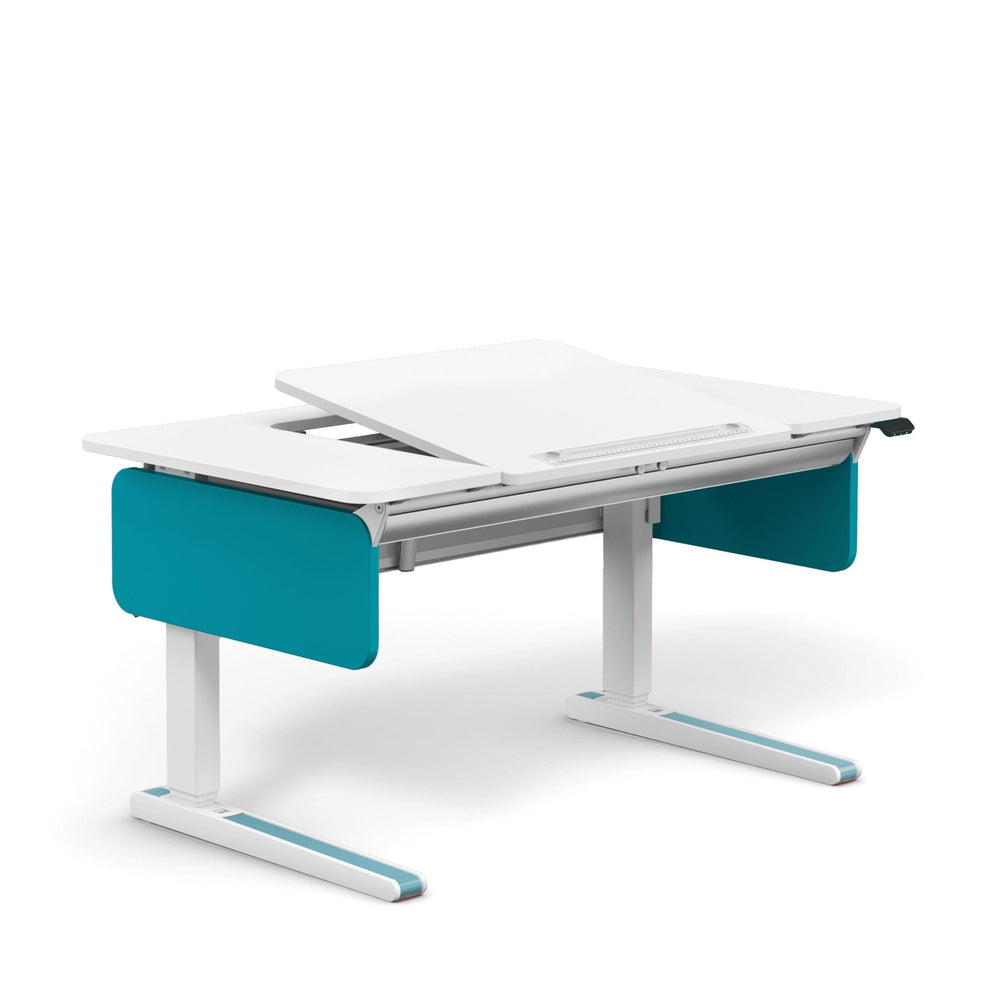 Moll e-Champion height-adjustable desk, white tabletop with teal side panels, electric sit-stand desk.