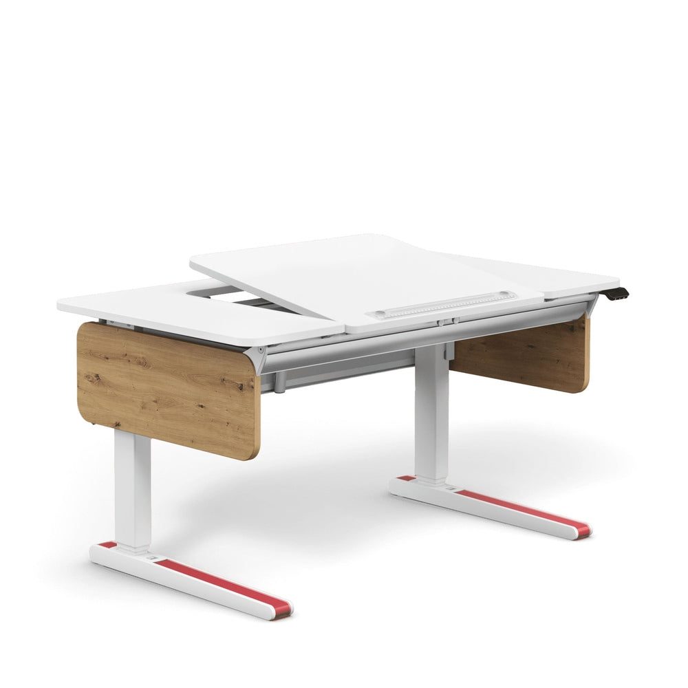 MOLL e-Champion height-adjustable desk, white top with oak wood side panels, electric lift
