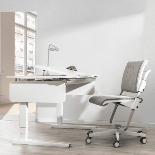 MOLL e-Champion height-adjustable electric desk with white office chair.