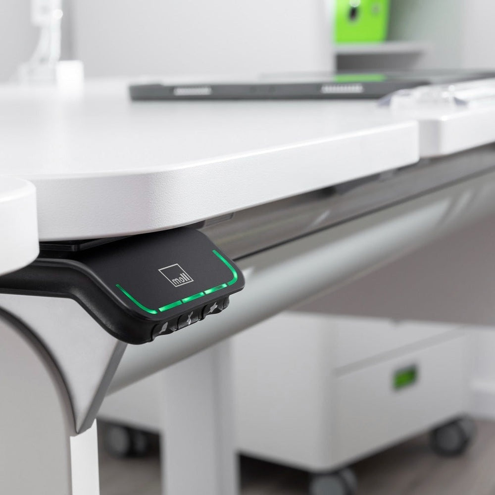 Moll e-Champion height-adjustable desk, white with black control panel and green LED lights