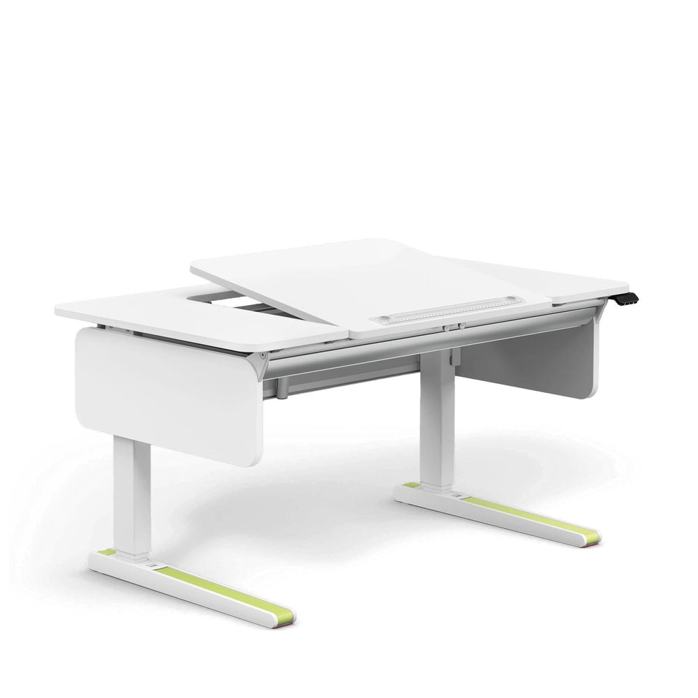 MOLL e-Champion height-adjustable desk, white finish with electric lift and lime-accented feet.