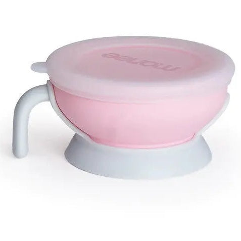 Monee Baby Bowl 150 ml pink with white lid and stand, resting securely on its base.