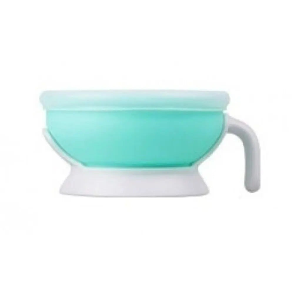 MONEE Baby Bowl 150 ml in turquoise with white base and handle, shown with lid on for easy feeding.