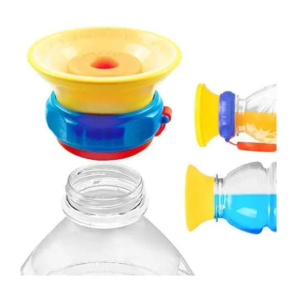 Monee Cap baby bottle with yellow cap and blue base adapter shown fitting a clear bottle.