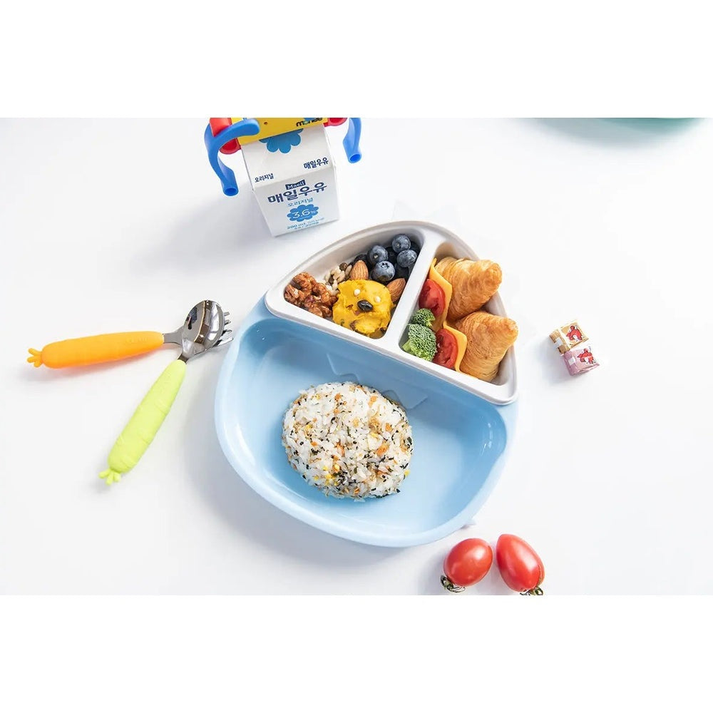 MONEE Dinosaur Food Plate Combo: blue divided plate with separate snack sections holding rice, blueberries, broccoli, and croissants.