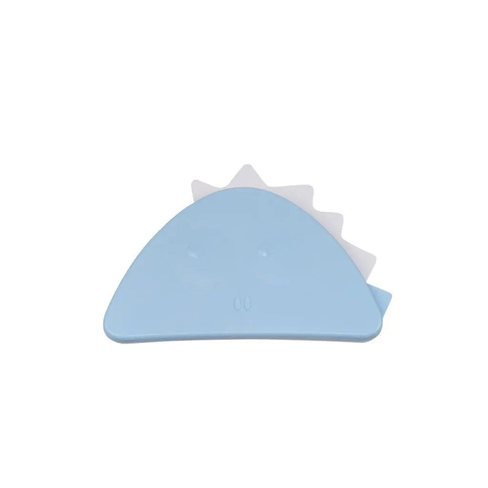 MONEE Dinosaur Food Plate Combo, light blue dinosaur-shaped plate with white spiky back on white background