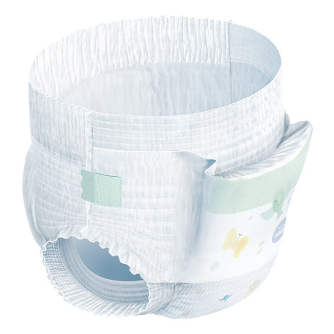 Moony Natural Moonyman Pants M diaper, white with pastel print and gentle elastic waistband