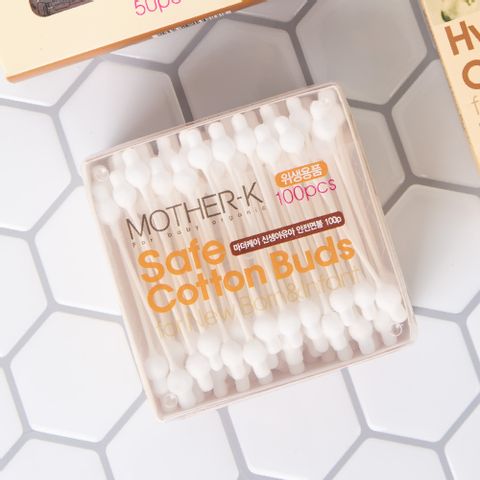 Mother-K Baby Cotton Buds 100pc in clear case, white cotton swabs