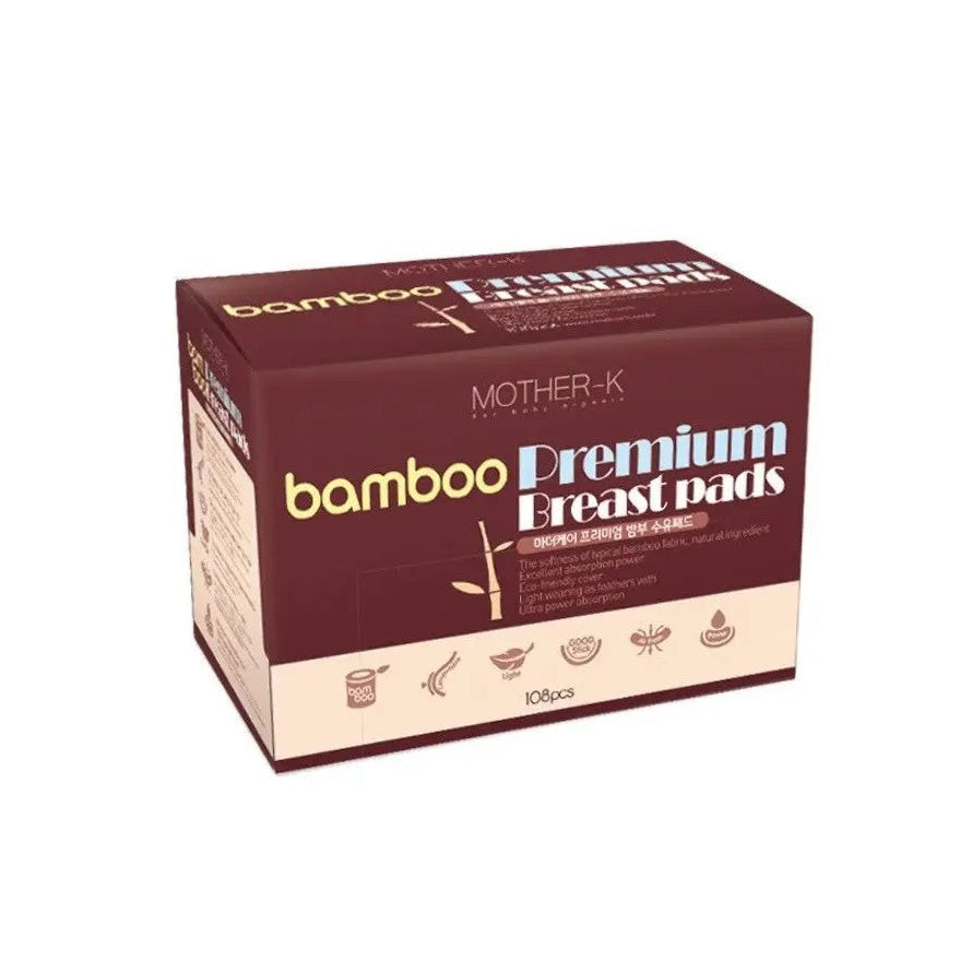 Mother-K Bamboo Premium Breast Pads box in maroon packaging showing 108 disposable nursing pads.