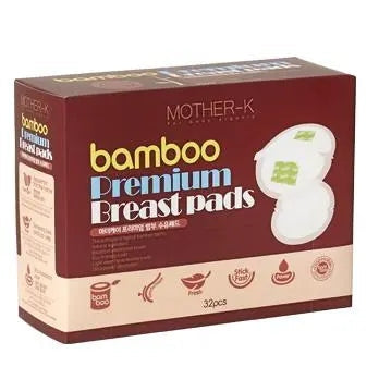 Mother-K Bamboo Premium Breast Pads disposable nursing pads, 32 pcs, box shows illustrated pads.
