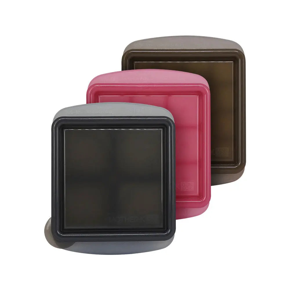 Mother-K Cube Soksok silicone feeding cubes set of 4 in gray, pink, dark gray, brown stacked for easy portioning.