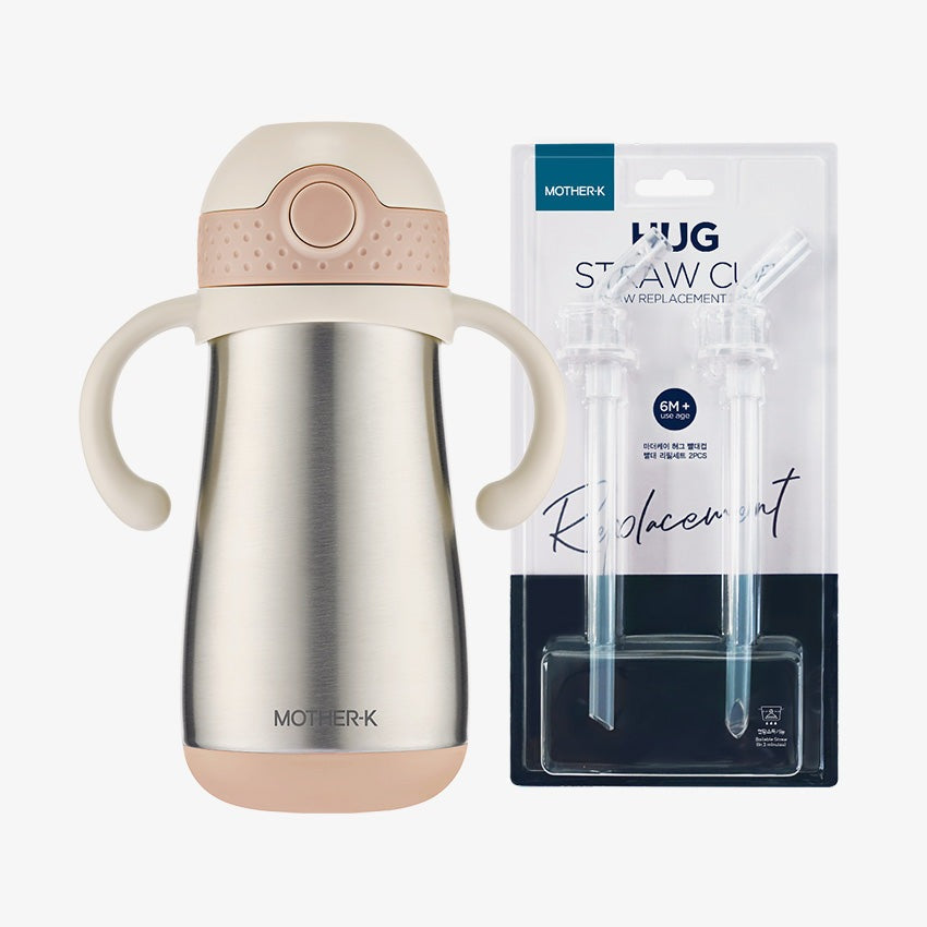 Mother-K Hug Tumbler 350 ml Vanilla Pink with beige lid and handles; includes 2 straw replacement tips