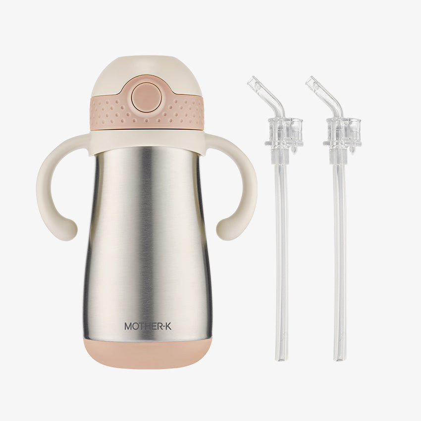 Mother-K Hug Tumbler 350 ml stainless bottle with vanilla pink cap and dual handles; includes two clear straws.