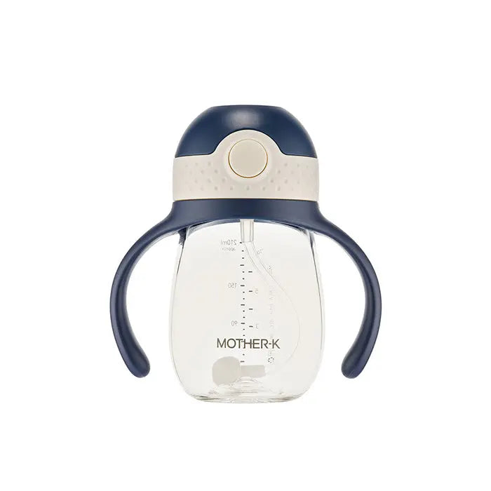 Mother-K Hug Weighted Straw Cup 210 ml, clear bottle with navy handles and cream lid in feeding pose.