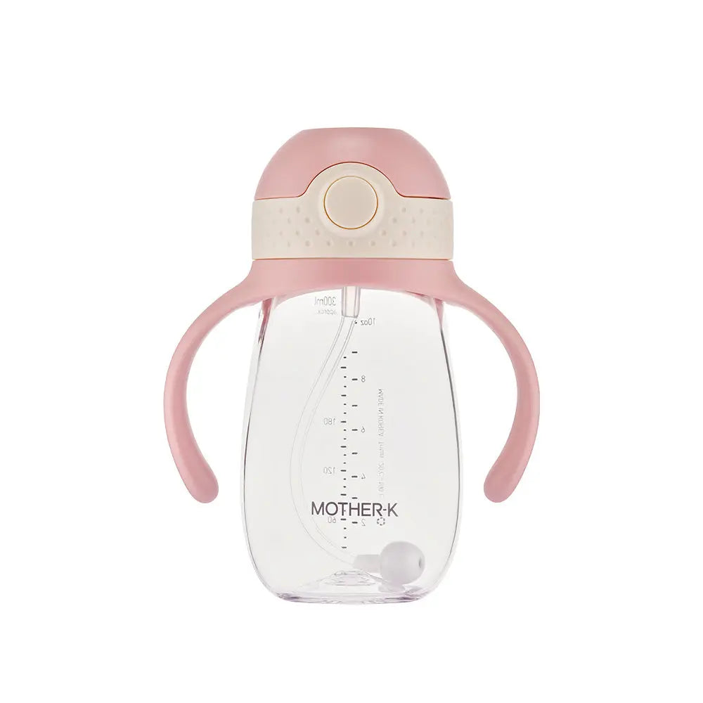 Mother-K Hug Weighted Straw Cup 300 ml pink bottle with ergonomic side handles.