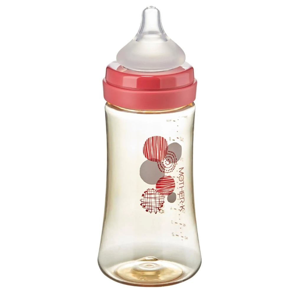 Mother-K PPSU Baby Feeding Bottle 280 ml with pink lid, clear body displaying red circular patterns
