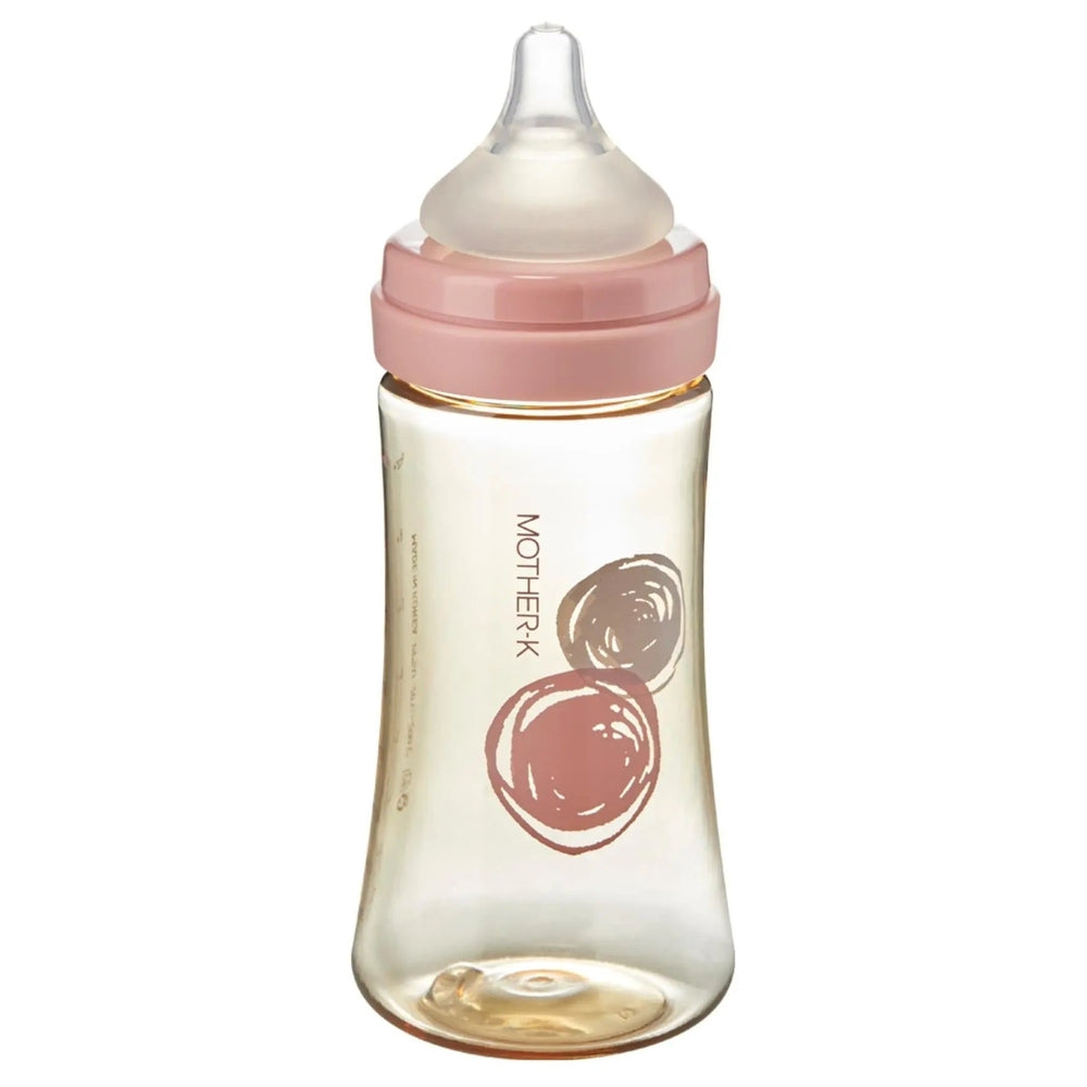 Mother-K PPSU Baby Feeding Bottle 280 ml with pink cap and swirl design visible.