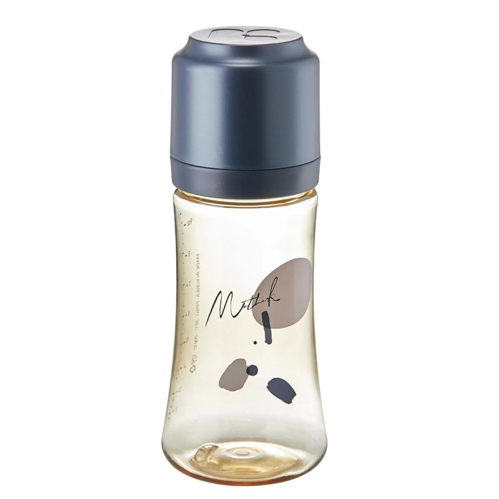 Mother-K PPSU Baby Feeding Bottle 280 ml with blue cap, clear body and abstract design.