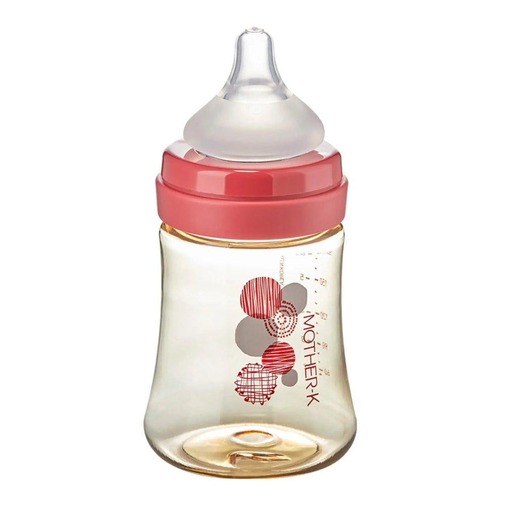Mother-K PPSU Feeding Bottle Newborn 180 ml, clear bottle with pink cap and nipple ready for feeding.