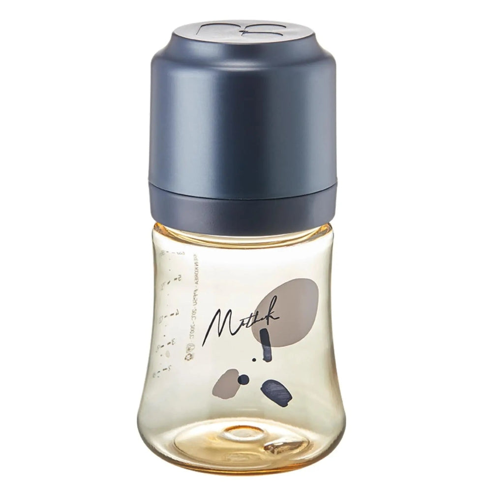 Mother-K PPSU Feeding Bottle 180 ml with blue cap, curved transparent bottle for newborns.