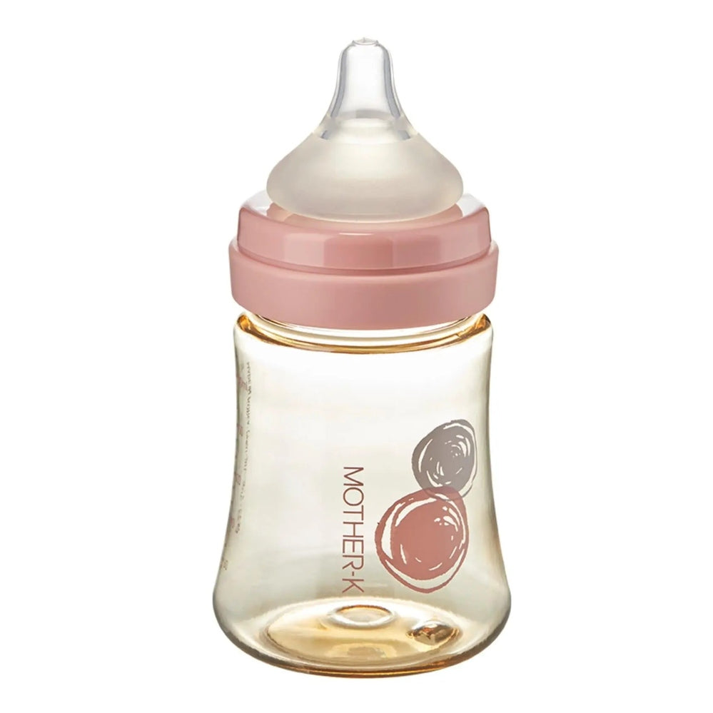 Mother-K PPSU newborn feeding bottle 180ml with pink lid; clear, curved body ready for newborn feeding.