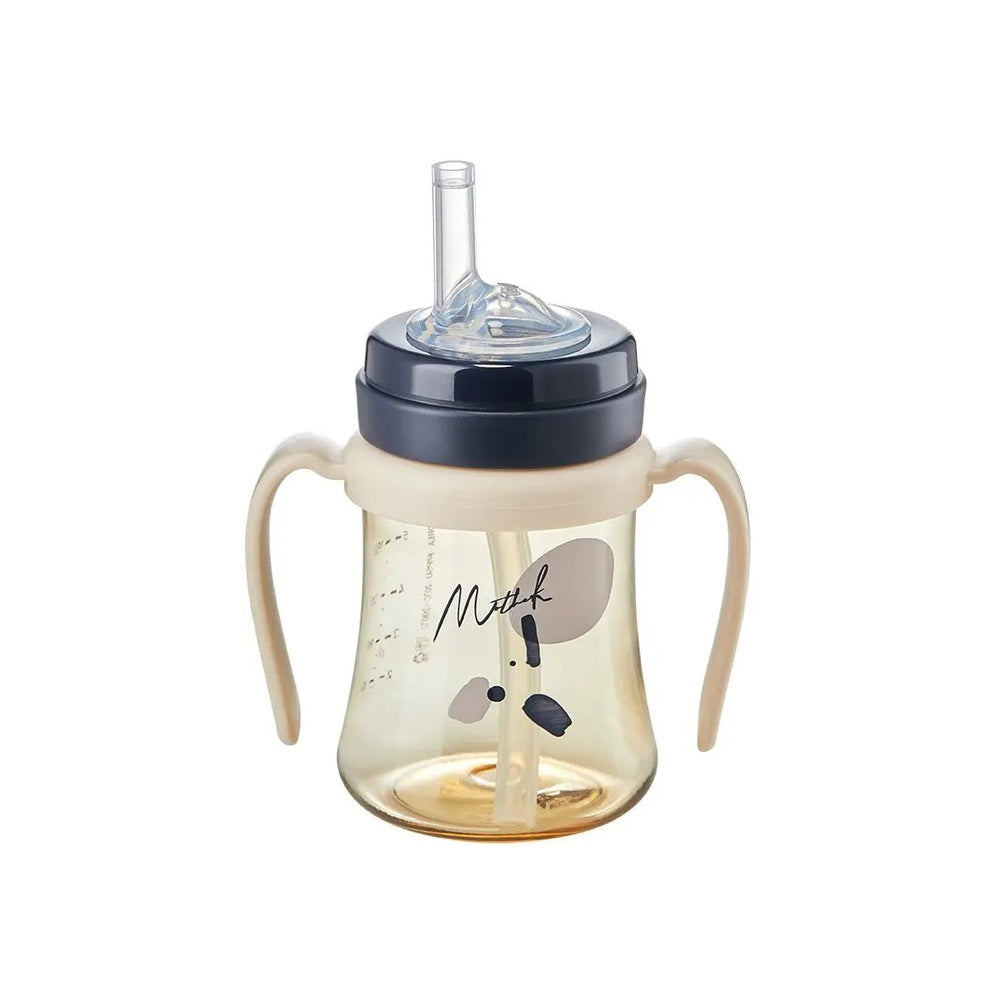 Mother-K PPSU Strawcup 200 ml with dual beige handles and clear straw being used for sipping.