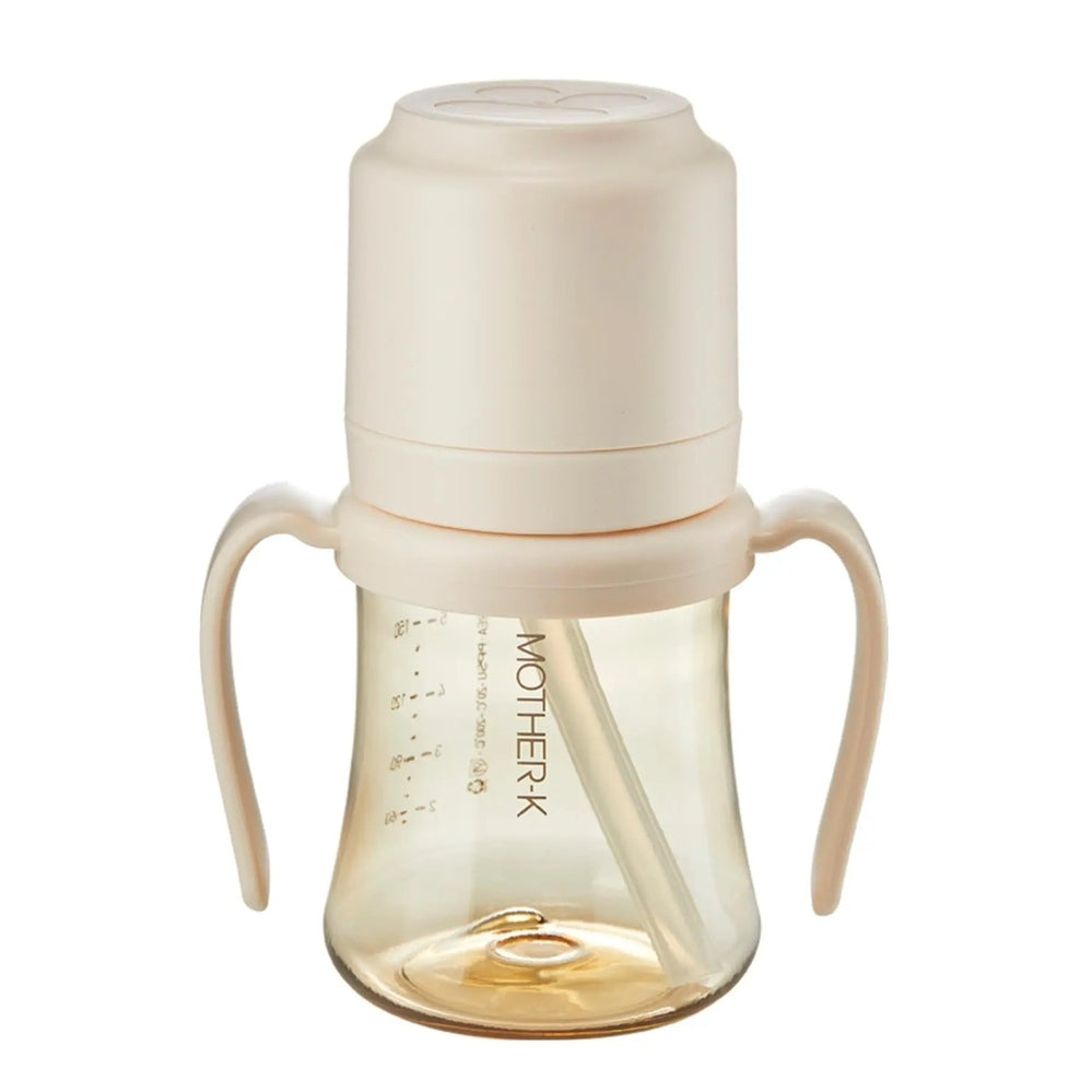 Mother-K PPSU Strawcup 200 ml with beige dual handles, shown demonstrating the built-in straw for sipping.