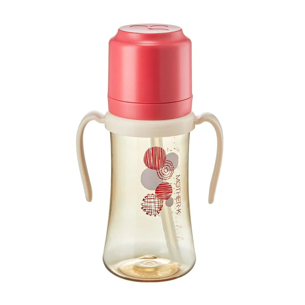 Mother-K PPSU Strawcup 300 ml with pink lid, beige handles, and straw visible through the clear bottle.