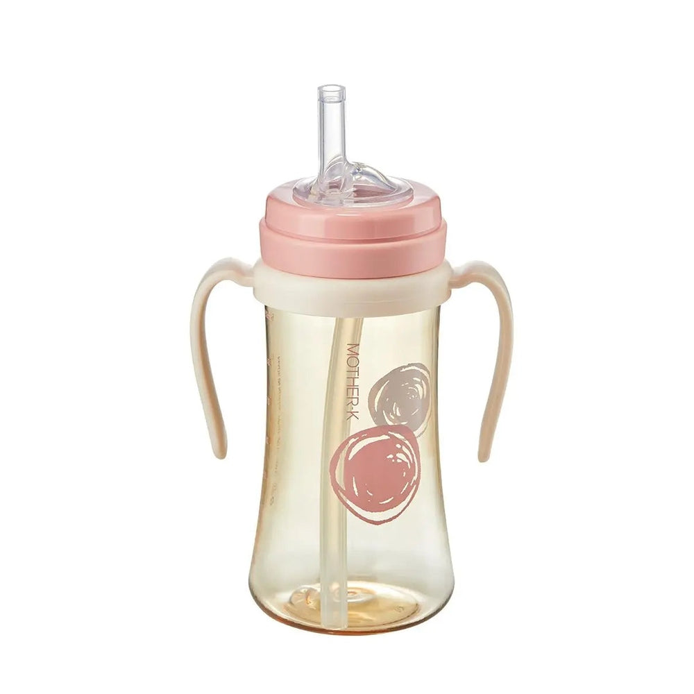 Mother-K PPSU Strawcup 300 ml with pink lid and dual handles, clear bottle shown with straw insert.