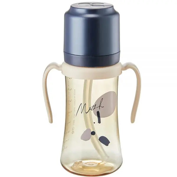 Mother-K PPSU Strawcup 300 ml with blue lid and beige handles, showing built-in straw and easy-grip dual handles.
