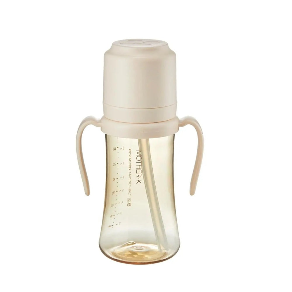 Mother-K PPSU Straw Cup 300 ml with pale pink dual handles, built-in straw for easy sipping