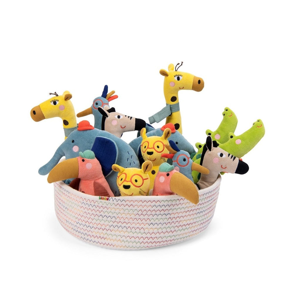 Moulin Roty Animals Soft Toy set in a multicolor zigzag basket, with colorful plush giraffes, dogs and frogs spilling out.