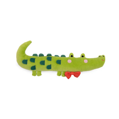 Moulin Roty Animals Soft Toy crocodile plush, green with teal spots and a red bow, shown ready to hug.