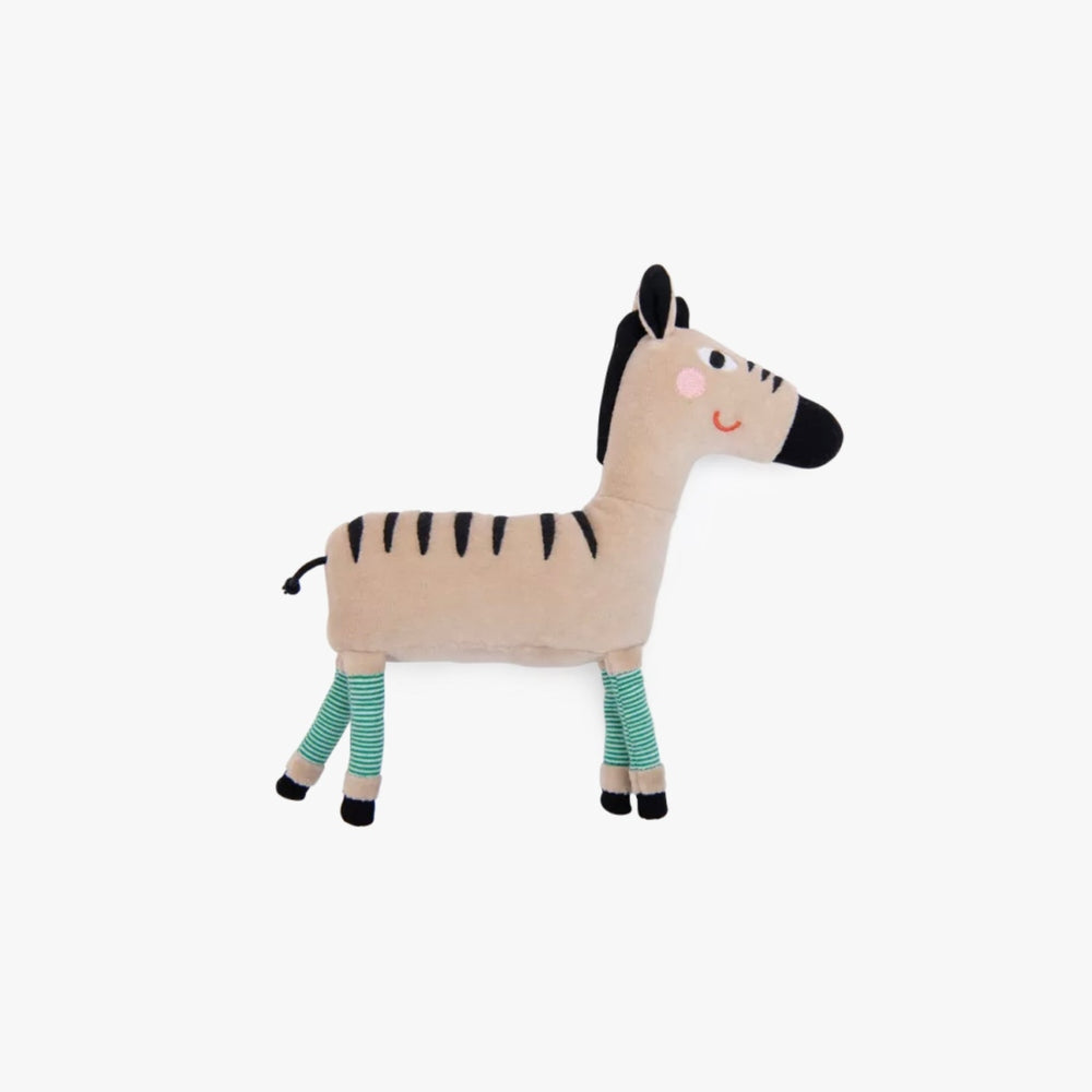Moulin Roty Animals Soft Toy zebra, beige body with black stripes and green striped legs, standing proudly.