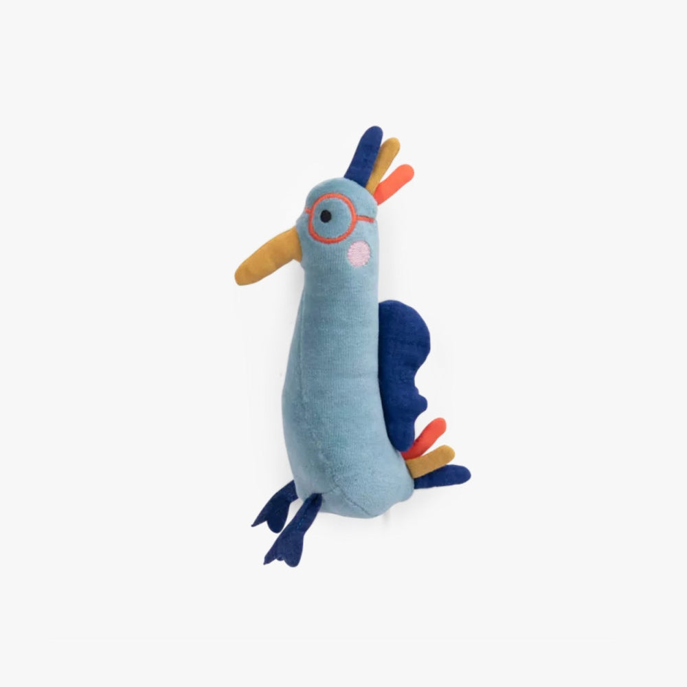 Moulin Roty Animals Soft Toy blue bird plush with orange beak and colorful feathers held upright.