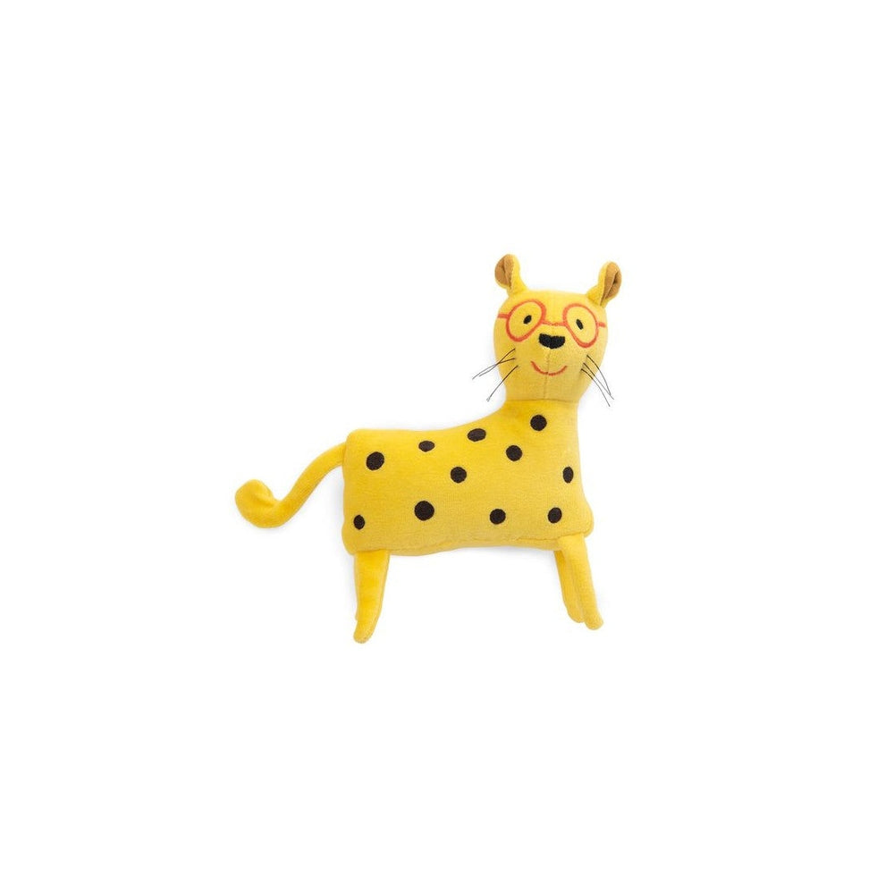 Moulin Roty Animals Soft Toy leopard plush in bright yellow with black spots, wearing red glasses, standing.