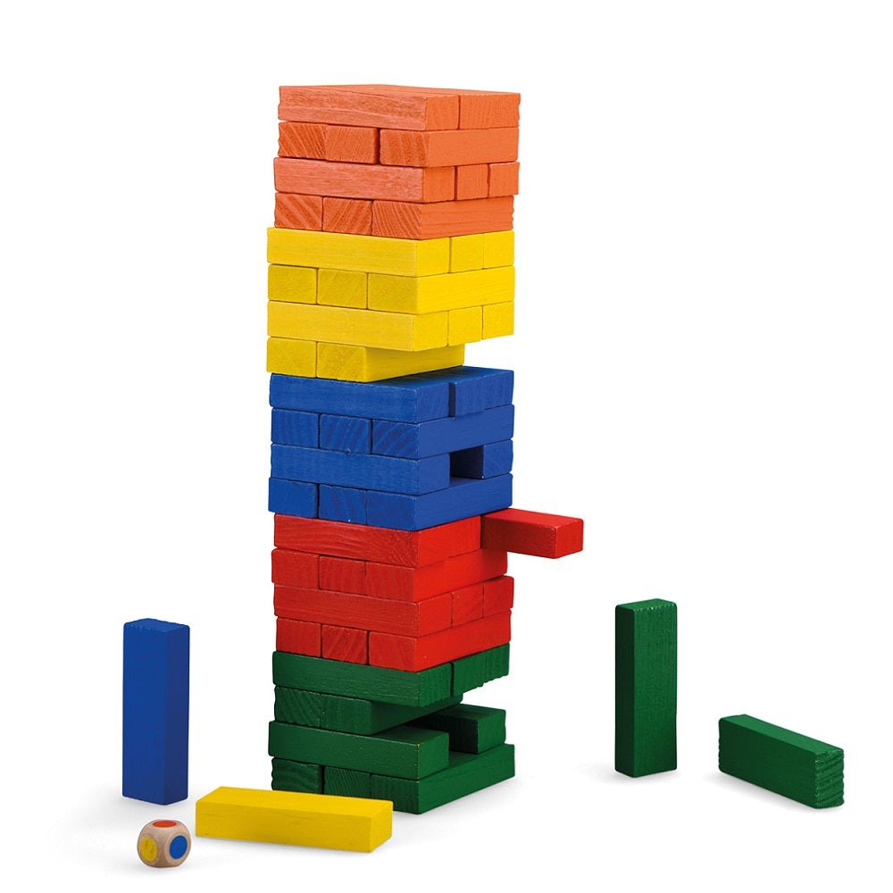 Moulin Roty tumbling tower with rainbow wooden blocks in red, orange, yellow, blue and green