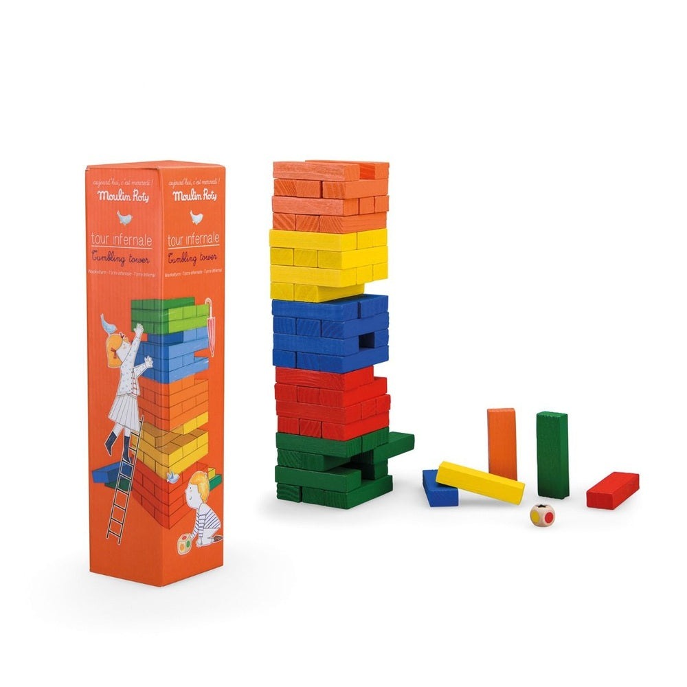 Moulin Roty Aujourd hui cest Mercredi tumbling tower wooden blocks in rainbow colors with orange box