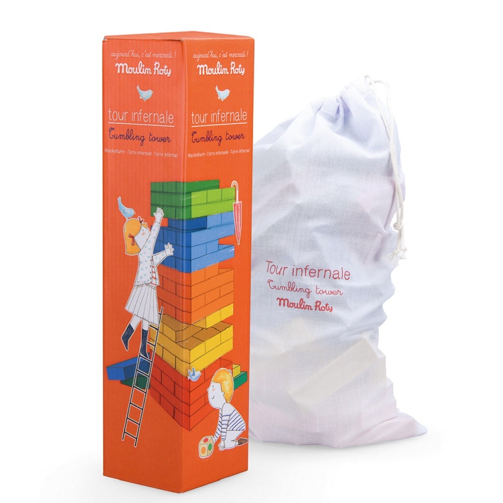 Moulin Roty tumbling tower set in orange box with multicolor wooden blocks and playful kids illustration; includes bag
