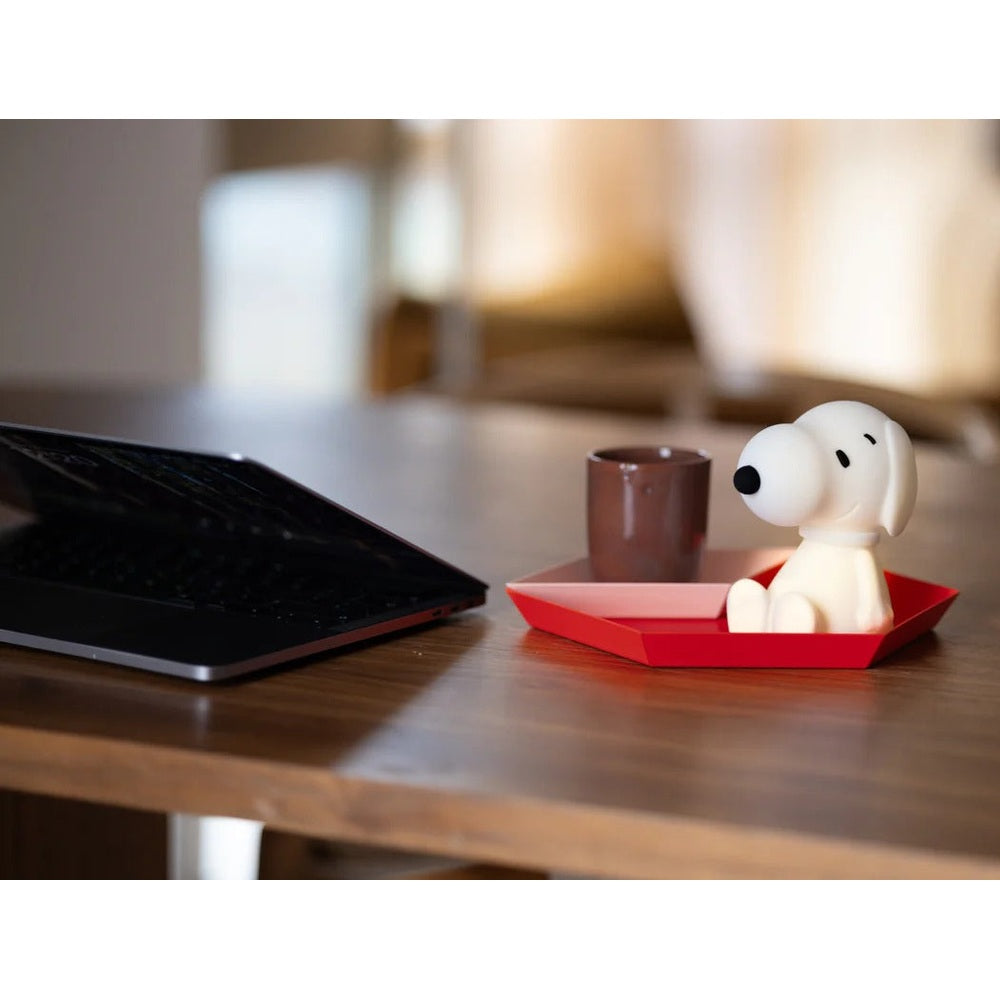 MR MARIA Bundle of Light Snoopy figurine, white with black nose, on red tray beside a brown cup.