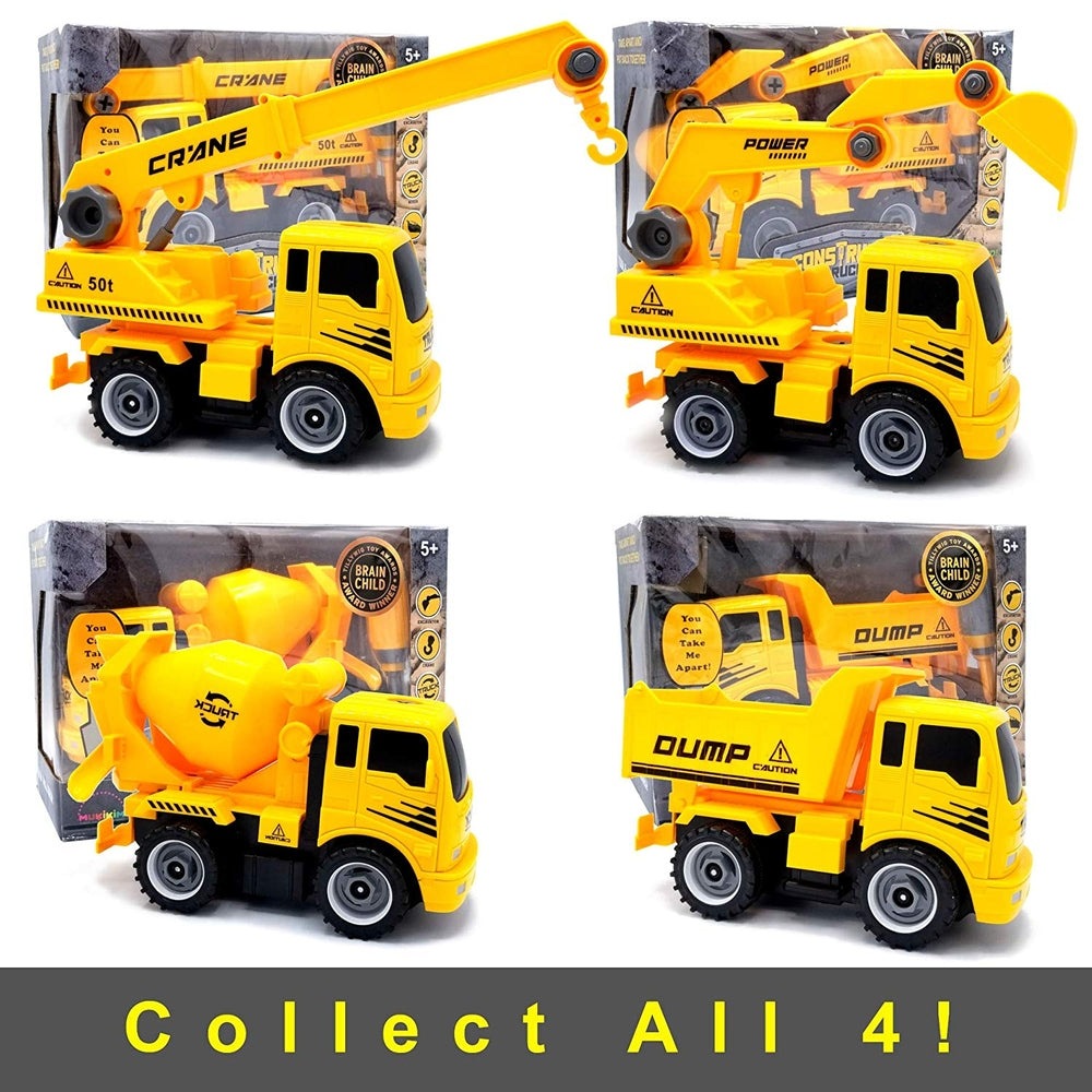 Mukikim Construct A Truck Excavator: set of 4 yellow construction trucks with cranes