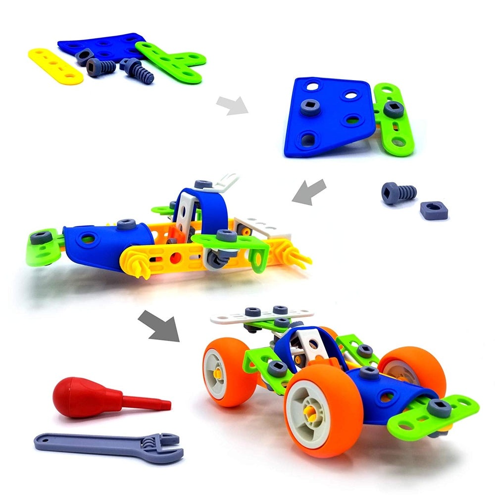 Mukikim Jr. Engineer Car & Copter set with blue chassis, orange wheels and neon green/yellow connectors